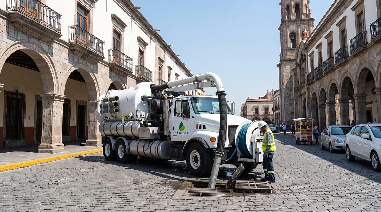 Mantenimiento preventivo y desazolve de drenajes municipales con camión de vacío Saniglobal en centro urbano de Guadalajara