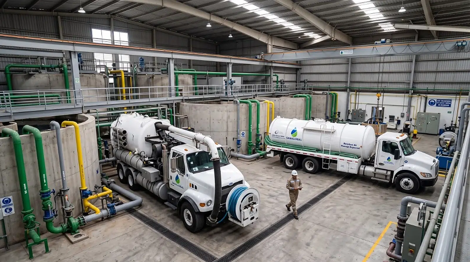 Servicio industrial de succión y limpieza en espacios confinados con camiones Saniglobal en nave industrial