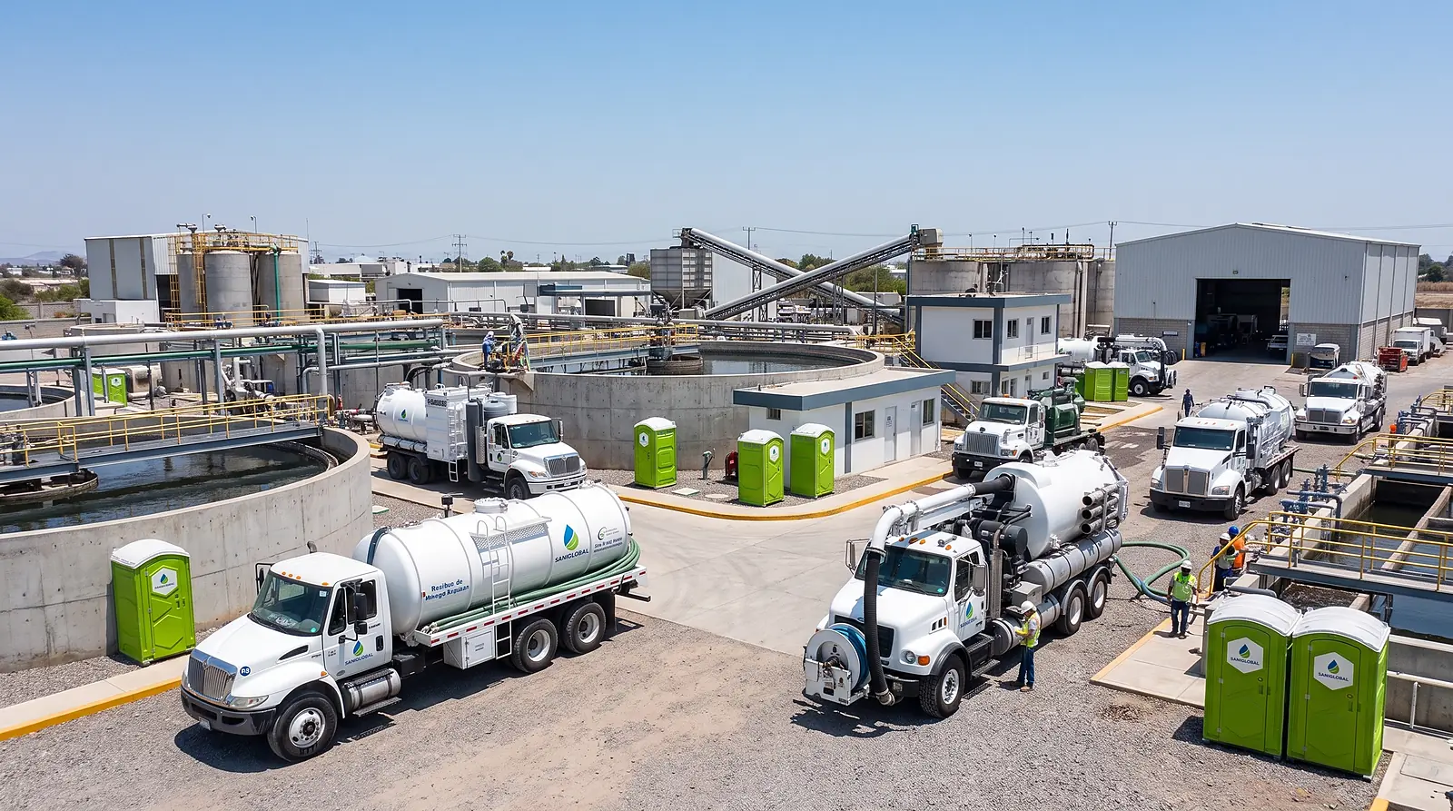 Flotilla de camiones y baños portátiles en planta industrial