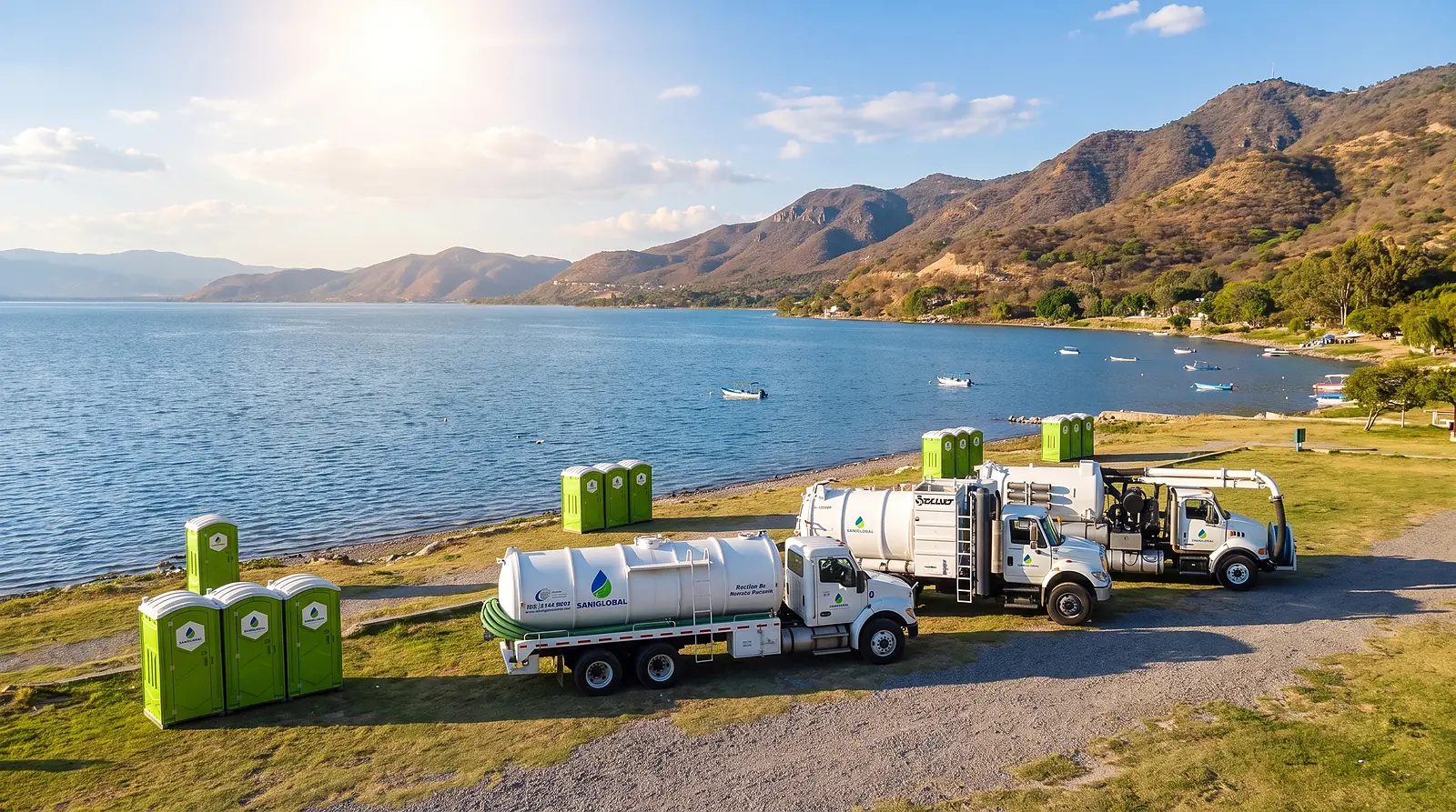 Sanitarios portátiles y camiones ecológicos Saniglobal junto al lago